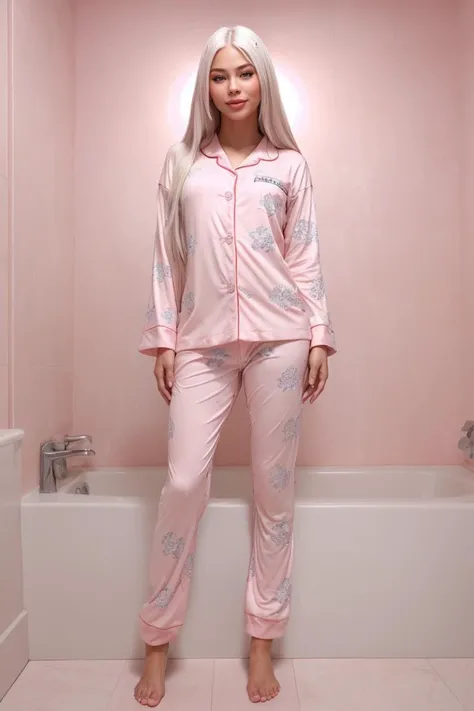 (Cinematic Shot:1.3) Tower13_Bella (Skinny, Slim, Fit and toned, extremely long legs, narrow waist:1.4) ((Photo Focus, DOF, Aperture, insanely detailed and intricate, character, hypermaximalist, hyper realistic, super detailed, (lens flare))) (Pink Pajama:1.3) (in the bathroom:1.3) (smile at viewer:1.3) <lora:exposure_control_v10:-0.2> <lora:more_details:0.3>