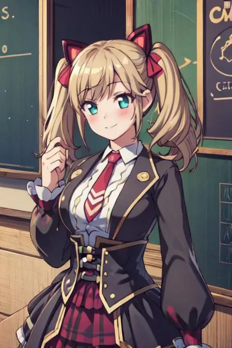 freef caroline, hair ribbon, school uniform, necktie, 1girl, solo, smile, blush, twintail