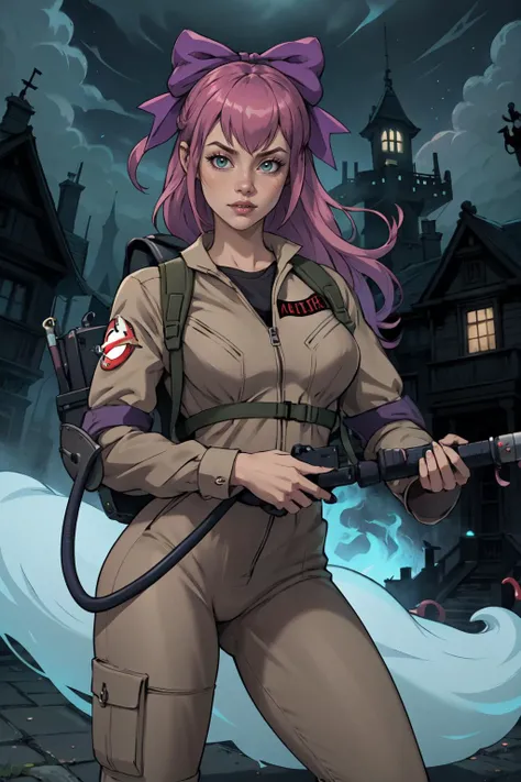 Kylie Griffin, ((blue hair, Messy hair, glowing green eyes, lipstick, eyeliner, makeup, narrow waist, skinny, medium breasts, alone)), pelvic curtain, ((ghostbuster uniform)), full body, perfect body, (insanely detailed, beautiful detailed face, masterpiece, best quality) , (((solo))), (((1girl))), (((mature))), (extremely detailed 8k paper CG wall unit: 1.1), (Haunted Mansion, fog, night), (serious face for the viewer), ecto_1
