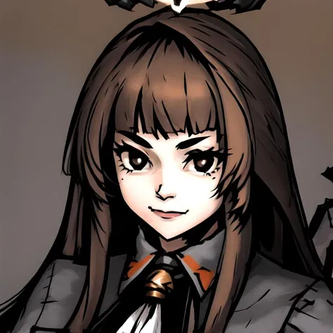 <lora:virtuosa_arknights:0.8>
<lora:DarkestDNecro:0.8>
<lora:DarkestDungeon:0.4>
<lora:Motomurabito (DarkestAnime):0.5>
(virtuosa_arknights), bangs, black_hair, halo, closed_mouth, ascot, very long hair, blunt_bangs, (((hime cut))),
1girl, black neckwear, blunt bangs, brown hair, closed mouth, collared shirt, grey background, looking at viewer, (portrait), shirt, simple background, solo, white shirt, wing collar, brown eyes