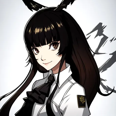 <lora:virtuosa_arknights:0.8>
<lora:Persona Lycoris-000036:0.8>
(virtuosa_arknights), bangs, black_hair, halo, closed_mouth, ascot, very long hair, blunt_bangs, (((hime cut))),
1girl, black neckwear, blunt bangs, brown hair, closed mouth, collared shirt, grey background, looking at viewer, portrait, shirt, simple background, solo, white shirt, wing collar, brown eyes