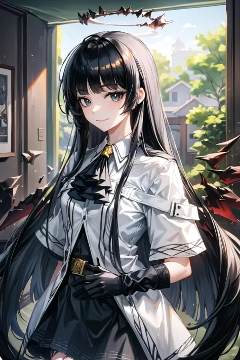 (8k uhd, masterpiece, best quality, high quality, absurdres, ultra-detailed, natural lighting), volumetric light, 1 girl, (virtuosa_arknights:1.1), long_hair, bangs, black_hair, halo, smile, closed_mouth, ascot, very_long_hair, wings, black_eyes, blunt_bangs, looking at viewer, cowboy shot,light smile, german street, <lora:add_detail:0.5>, <lora:virtuosa_arknights:0.8>