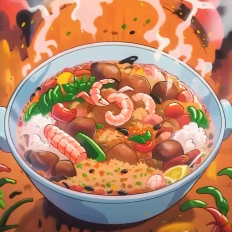 A vibrant cartoon-style image of a steaming bowl of Jambalaya, full of colorful ingredients. The Jambalaya is brimming with bright red tomatoes, green bell peppers, and chunks of golden-brown sausage and shrimp, each piece exaggerated in size to enhance the cartoon effect. The steam rising from the bowl forms playful swirls in the air. The background is a cheerful kitchen scene with a wooden countertop and a few scattered spices and herbs, adding to the homely and inviting feel of the dish, <lora:food_ichiban:1>