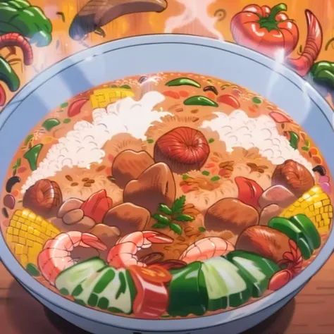A vibrant cartoon-style image of a steaming bowl of Jambalaya, full of colorful ingredients. The Jambalaya is brimming with bright red tomatoes, green bell peppers, and chunks of golden-brown sausage and shrimp, each piece exaggerated in size to enhance the cartoon effect. The steam rising from the bowl forms playful swirls in the air. The background is a cheerful kitchen scene with a wooden countertop and a few scattered spices and herbs, adding to the homely and inviting feel of the dish, <lora:food_ichiban:1>