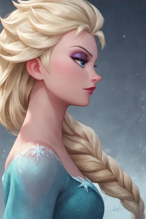 1girl, elsa (frozen), solo, braid, single braid, hair over shoulder, blonde hair, blue eyes, long hair, profile, upper body, dress, eyelashes, lips, signature, makeup,score_9,score_8_up,<lora:Artgerm_XL_PONY:0.8>,