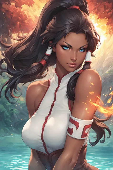 1girl,solo,blue eyes,fire,ponytail,dark skin,dark-skinned female,hair tubes,breasts,long hair,water,black hair,brown hair,bare shoulders,lips,sleeveless,tree,hydrokinesis,score_9,score_8_up,<lora:Artgerm_XL_PONY:0.8>,