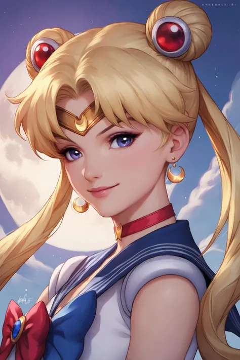 1girl,solo,sailor moon,sailor senshi uniform,long hair,gloves,jewelry,magical girl,tsukino usagi,white gloves,sailor collar,blonde hair,twintails,moon,earrings,hair bun,elbow gloves,double bun,blue sailor collar,blue eyes,choker,bow,brooch,looking at viewer,upper body,smile,watermark,red bow,hair ornament,crescent,star (symbol),circlet,short sleeves,full moon,purple eyes,crescent earrings,\m/,tiara,lips,web address,red choker,bangs,from side,closed mouth,score_9,score_8_up,<lora:Artgerm_XL_PONY:0.8>,