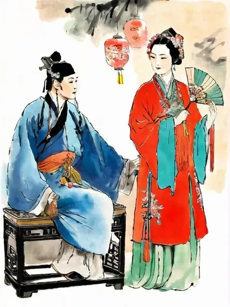 masterpiece, best quailty, perfect face, two people dressed in chinese clothing and holding a fan, chinese scene, ink splash, ink texture, ink painting <lora:Dai_Dunbang-000003:0.7>