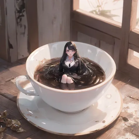 size difference, sfw, 1girl, (8k, best quality, masterpiece:1.2), (perfect lighting:1.2), full body, in the cup,
a photo of a living beautiful lady shrunken to so small in a cup,large breasts, black long hair, bangs, detailed face, detailed eyes, (serious, frown:1.1), (formal black suit:1.3),
orversized object, a cup of black coffee,  floating into coffee, a saucer, indoors, (looking at viewer:1.1),
ulzzang-6500-v1.1
<lora:jpIDOL_v10:0.4>  
<lora:InTheCup-v2.5:1:1,0,0,0,0,0,0,1,0,0,0,0,0,0,0,0,0>   in the cup,