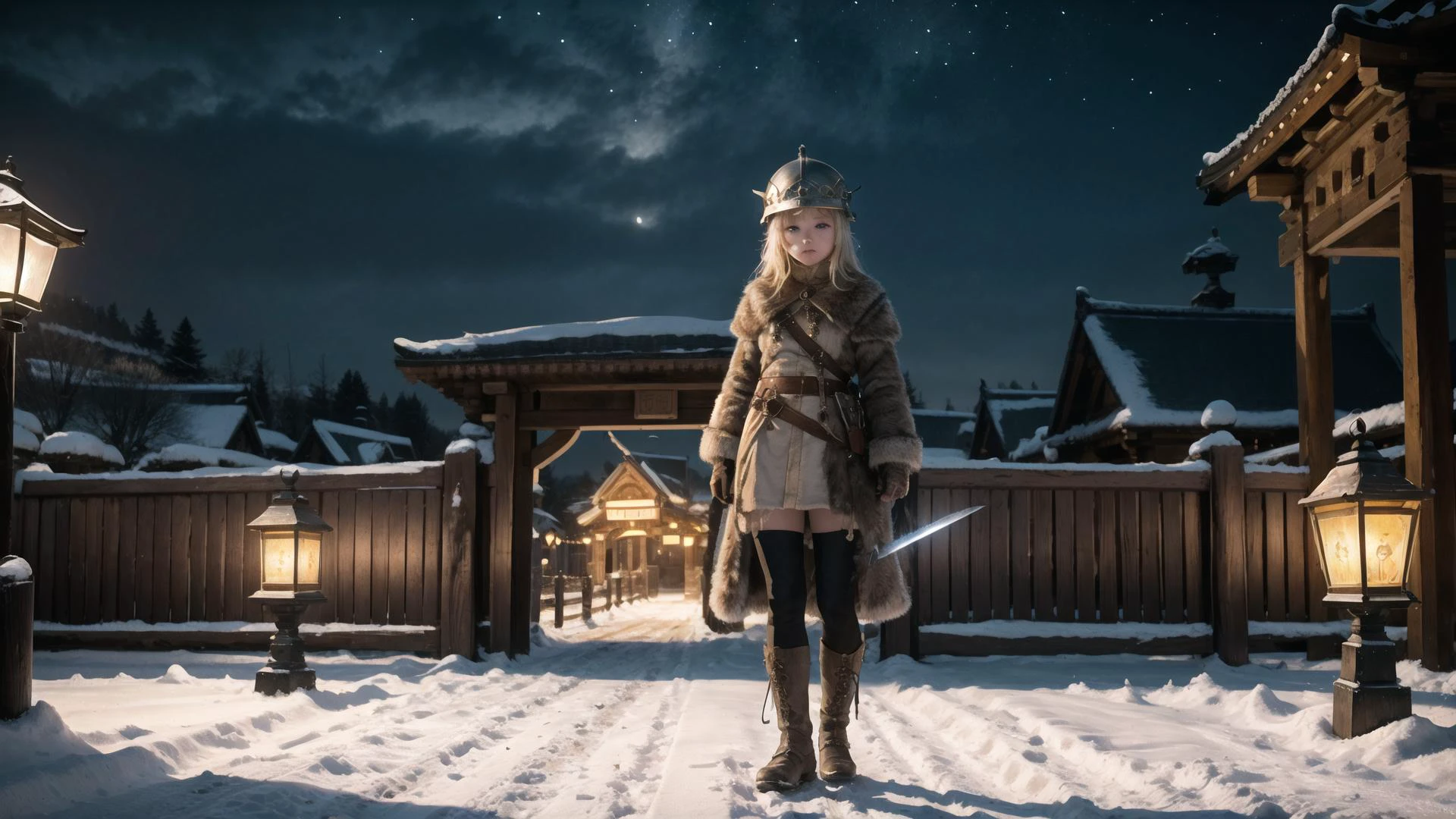 masterpiece, (wooden palisade), (((large ancient wooden city entrance gates))), ((standing at the city gates)), (guarding city gates), night, snow, ice, outdoors, detailed face, simple iron helmet, (full_body), night sky with stars, (()), fur mittens, ((holding old oil lantern)), (sword on hip), messy blond hair, blue eyes, ((ancient fur clothes)), intricate details, cinematic lighting, stunning environment, anime, masterpiece, realistic, photo, photography, photorealistic, volume-marching, 4k, 8k, 16k, physically based rendering, erotic, UHD, retina, anatomically correct, highres, 1080P, cinematic lighting, sharp focus, light tracing, ultra-detailed, intricate details, extremely detailed, Nikon Z 85mm, post-processing, incredibly absurdres, realistic shadows