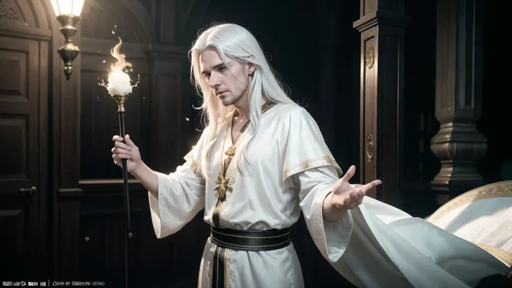 photorealistic photo of a handsome young male wizard, white wizard shirt with golden trim, white robe moving in the wind, long white hair, fully clothed, perfect face, handsome, (perfect composition:1.4), deviantart hd, artstation hd, concept art, detailed face and body, award-winning photography, margins, detailed face, detailed hands, ,backlight, 12k ultrarealistic, ray tracing, intense gaze, looking at the viewer, cinematic lighting, art by Grzegorz Rutkowski, embers, high fantasy background, action pose, hands up to 90 degrees, holding a small magic wand, water splash, misty,masterpiece, realistic, photo, photography, photorealistic, volume-marching, 4k, 8k, 16k, physically based rendering, erotic, UHD, retina, anatomically correct, highres, 1080P, cinematic lighting, sharp focus, light tracing, ultra-detailed, intricate details, extremely detailed, Nikon Z 85mm, post-processing, incredibly absurdres, realistic shadows