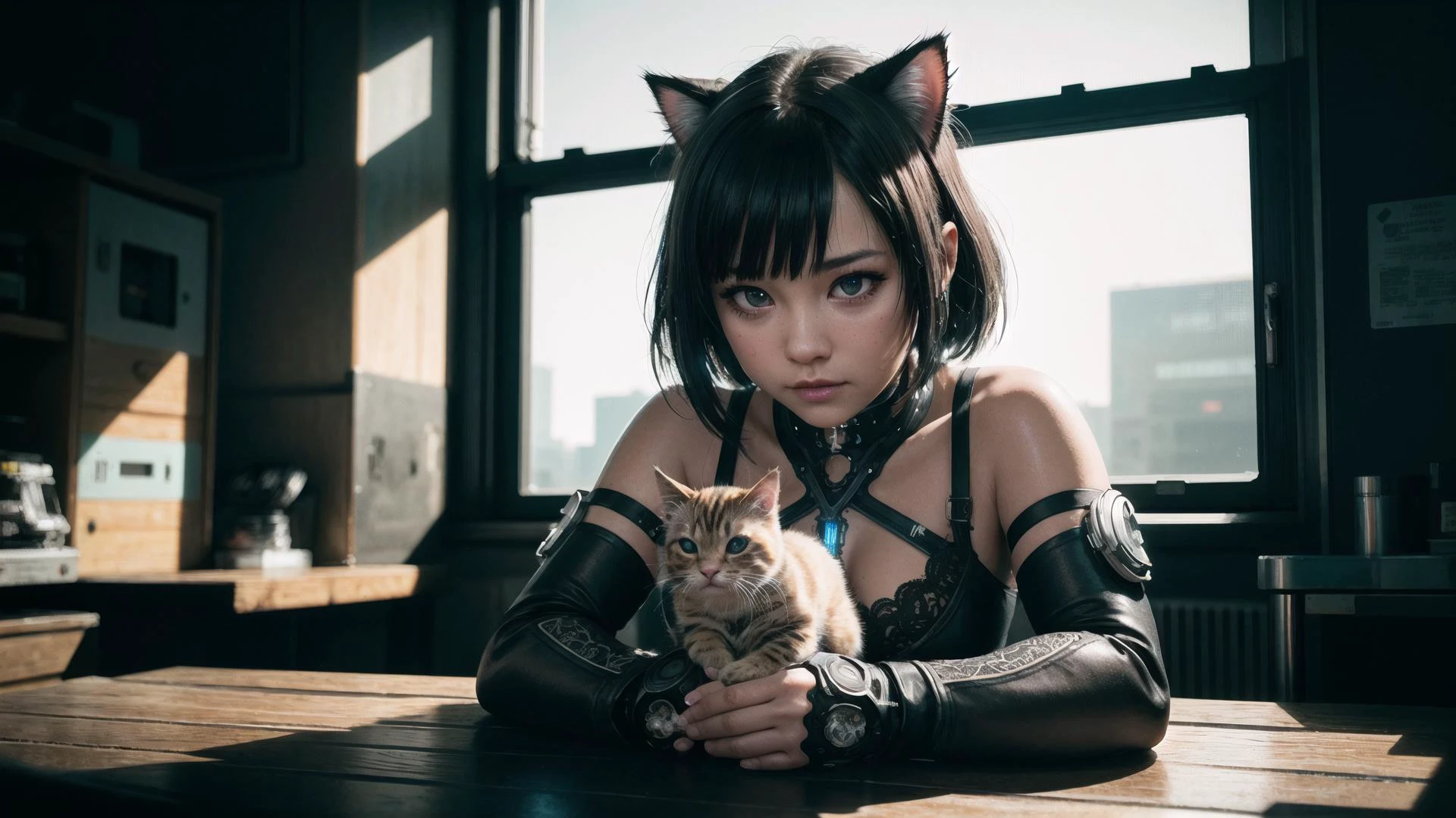a cute kitten made out of metal, cyborg, cyberpunk style, ((intricate details)), hdr, ((intricate details, hyperdetailed)), cinematic shot, vignette,masterpiece, realistic, photo, photography, photorealistic, volume-marching, 4k, 8k, 16k, physically based rendering, erotic, UHD, retina, anatomically correct, highres, 1080P, cinematic lighting, sharp focus, light tracing, ultra-detailed, intricate details, extremely detailed, Nikon Z 85mm, post-processing, incredibly absurdres, realistic shadows