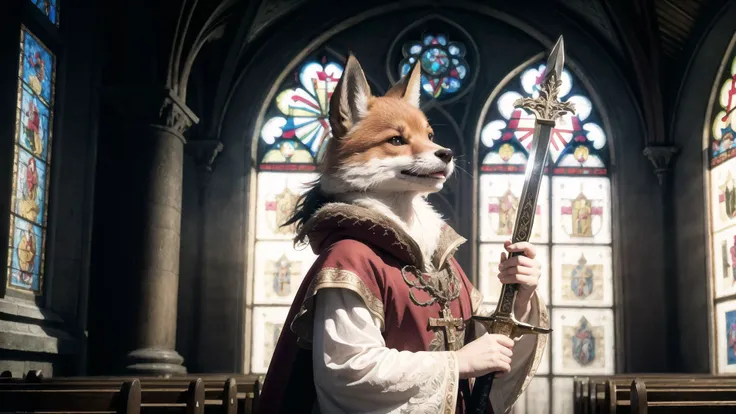 medieval scripture, fox wielding sword, looking up, blessed by the gods, medieval drawing, robin hood, e621, furry, anthro, soft ligthing, sharp shadows, solo, detailed background, high quality, holy grail, church, pope, intricate details, cinematic lighting, stunning environment, anime, masterpiece, realistic, photo, photography, photorealistic, volume-marching, 4k, 8k, 16k, physically based rendering, erotic, UHD, retina, anatomically correct, highres, 1080P, cinematic lighting, sharp focus, light tracing, ultra-detailed, intricate details, extremely detailed, Nikon Z 85mm, post-processing, incredibly absurdres, realistic shadows