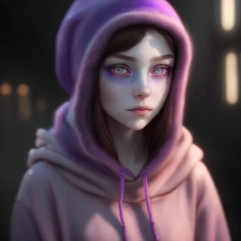 A photo of a woman, A vibrant ethereal polychromatic mysterious and aloof princess with pale almost translucent skin and purple irised eyes and brown hair wearing an elegantly cozy black hoodie and beanie who has lived for centuries and seeks to uncover the secrets of the world and her own existence. Subsurface scattering, pores and minor blemishes adding to the realism, photo of woman, Brown hair, purple irised eyes, ethereal, RedShift renderer, Elegant Attire,