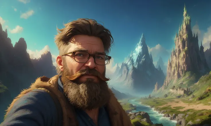 A scruffy bearded man wearing glasses taking a selfie in a fantasy scene. Create a vibrant concept art prompt inspired by the stunning photo-realistic artwork found on /r/photo_realism_concept_art/. The prompt should depict a surreal landscape that blurs the lines between reality and fantasy. Consider incorporating hyper-realistic details\, textures\, and lighting to create an immersive and visually captivating scene. You can explore various natural or fantastical environments\, such as a dense forest with mystical creatures\, a serene lake with otherworldly reflections\, a towering mountain range with floating islands\, or an alien planet with unique flora and fauna. Be creative and push the boundaries of what is possible in a photo-realistic concept art. Imagine a scruffy bearded hip looking man as the focal point of the image. Medium\: Digital painting. CLIP Pairings\: /r/photo_realism_concept_art, surreal landscape, hyper-realistic details, immersive scene, neo-banksy man, hiking or traveling, crisp detailing. 