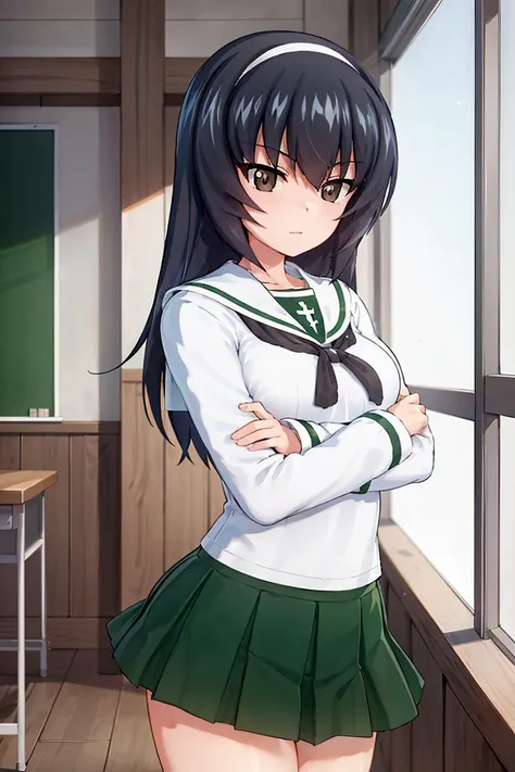 masterpiece,best quality, 1girl,solo,girls und panzer, reizei mako,long hair, small breasts, white hairband, ooarai school uniform,crossed arms, looking at viewer, :/, (stare:1.2), cowboy shot,classroom, windows <lora:Reizei Mako:0.6>