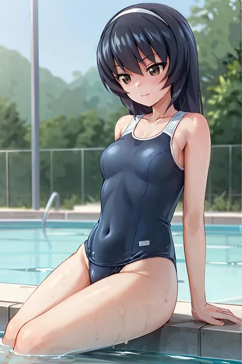 masterpiece,best quality, 1girl,solo,girls und panzer, reizei mako,small breasts, white hairband, (blue school swimsuit:1.4), sitting, partially submerged,cowboy shot, swimming pool, blue sky <lora:Reizei Mako:0.6>
