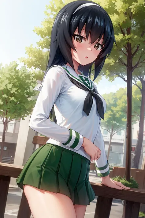 masterpiece,best quality, 1girl,solo,girls und panzer, reizei mako,long hair, small breasts, white hairband, ooarai school uniform,white shirt,black handkerchief,green skirt, outdoors, school, cowboy shot <lora:Reizei Mako:0.6>