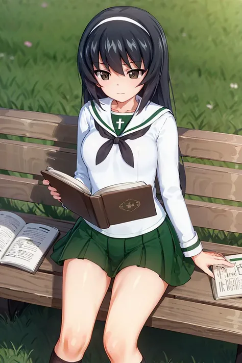 masterpiece,best quality, 1girl,solo,girls und panzer, reizei mako,long hair, small breasts, white hairband, ooarai school uniform,white shirt,black handkerchief,green skirt, :/,reading book,sitting, bench, cowboy shot, central park, blue sky  <lora:Reizei Mako:0.6>