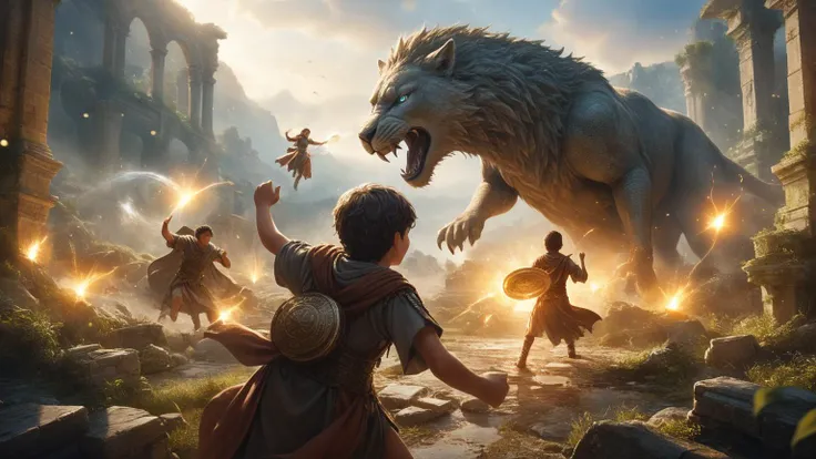 Cinematic still of (2boys, 2girls) ancient Roman children using magic to attack a creature, during a heroic adventure, traveling through wilderness and towns and ruins, fantasy world, amazing, detailed eyes, deep-set eyes, dynamic scene, realistic, bokeh, professional, high resolution, best quality, masterpiece <lora:SDXLHighDetail_v5:0.5>