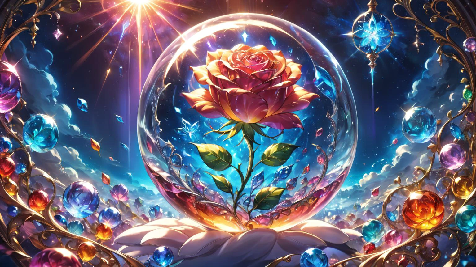 anime artwork letitflrsh, masterpiece, best quality, close up macro photo, sparkling magical fantasy glass rose, very detailed, amazing quality, intricate, cinematic light, highly detail, beautiful, surreal, dramatic, fantasy nebulae colors, <lora:- SDXL - letitflrsh_let_it_flourish_V1.0:0.7> . anime style, key visual, vibrant, studio anime, highly detailed