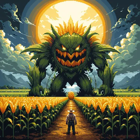 pixel-art extremely detailed 16k UHD RAW photo of a {a farmer standing in front of the final boss, an angry corn monster, farmers field}, centered, symmetrical, intricate details, cinematic, 8k uhd, soft lighting, HDR, high quality, film grain, sharp details, insanely detailed, elegant, in the style of Alyssa Monks, art by David la chapelle and Wayne Barlowe . low-res, blocky, pixel art style, 8-bit graphics
