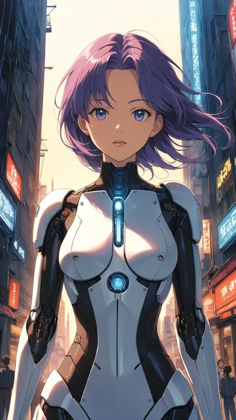 anime artwork, masterpiece, best quality, ghost in the shell style, (1990s style, vintage, female Cyborg android, looking at viewer, centered, symmetrical:1.4), intricate details, soft lighting, high quality, sharp details, insanely detailed, elegant artwork by Makoto Shinkai and Miyazaki Hayao, (breathtaking:1.2), (anime realism:1.2), (profound beauty:1.2) . anime style, key visual, vibrant, studio anime, highly detailed