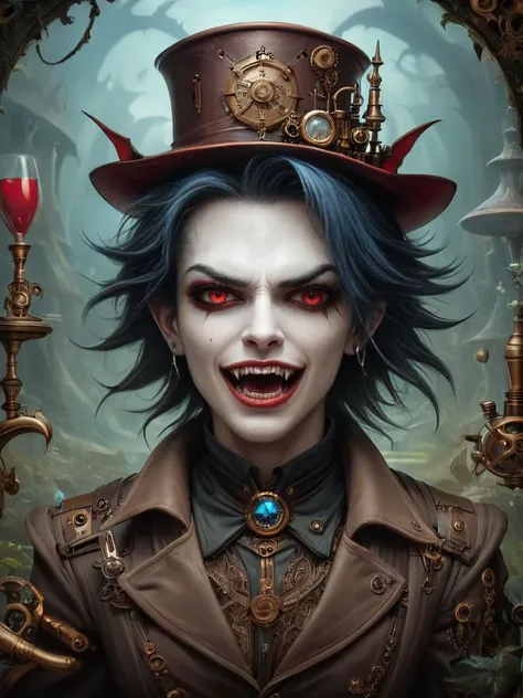 award winning photograph of a ExpeditionStyle vampire with piercing fangs in wonderland, magical, whimsical, fantasy art concept, steampunk, intricate details, best quality, masterpiece, ultra sharp, hyper realistic, realism <lora:ExpeditionStyleXL:0.8>