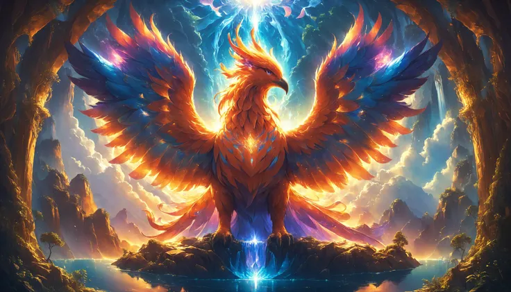 fmb, masterpiece, best quality, A mesmerizing scene featuring a majestic rainbow phoenix surrounded by glowing iridescent crystals in a fantastical landscape brimming with magic and wonder. The phoenix, with its vibrant plumage and ethereal presence, is the focal point of the composition, radiating strength and grace amidst the shimmering crystals. The landscape is a surreal tapestry of colors and textures, with towering crystalline formations, cascading waterfalls, and lush vegetation adding to the enchantment of the scene. Drawing inspiration from fantasy art and mythology, the imagery evokes a sense of awe and mystique, transporting viewers to a realm where dreams come to life. Art styles include fantasy realism and mystical surrealism, blending intricate details with bold, imaginative designs. Shot with a wide-angle lens to capture the expansive beauty of the magical landscape and the majestic presence of the phoenix. Rendered with luminous colors and dynamic lighting to enhance the otherworldly atmosphere of the scene, dynamic lighting. (mesmerizing:1.4), (surreal tapestry:1.3), (fantasy realism:1.5), (mystical surrealism:1.2), (sense of awe:1.3), (dynamic lighting:1.2), centered, symmetrical, intricate details, soft lighting, high quality, sharp details, insanely detailed, elegant artwork by Makoto Shinkai and Miyazaki Hayao, (breathtaking:1.2), (anime realism:1.2), (profound beauty:1.2) . anime style, key visual, vibrant, studio anime, highly detailed, <lora:Mythical_Beasts:0.7>