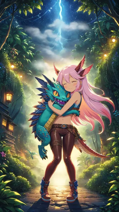 anime artwork, masterpiece, best quality, (kawaii style monster hunter mizutsune hugging a skater girl in leather pants, closed eyes, in a jungle at night time, fog, starry sky, detailed eyes, shrubbery, cute, adorable, brightly colored, cheerful, anime influence, highly detailed, centered, symmetrical:1.2), intricate details, soft lighting, high quality, sharp details, insanely detailed, elegant artwork by Makoto Shinkai and Miyazaki Hayao, (breathtaking:1.2), (anime realism:1.2), (profound beauty:1.2) . anime style, key visual, vibrant, studio anime, highly detailed