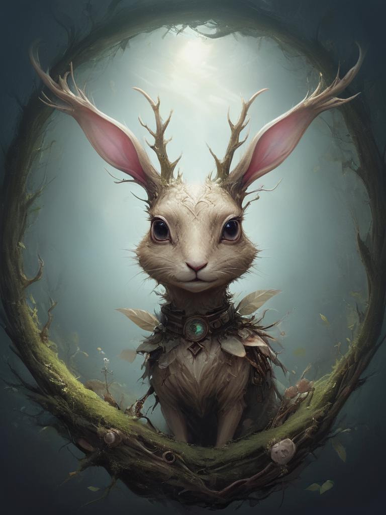 A rabbit with horns and a collar sitting in a circle - SeaArt AI