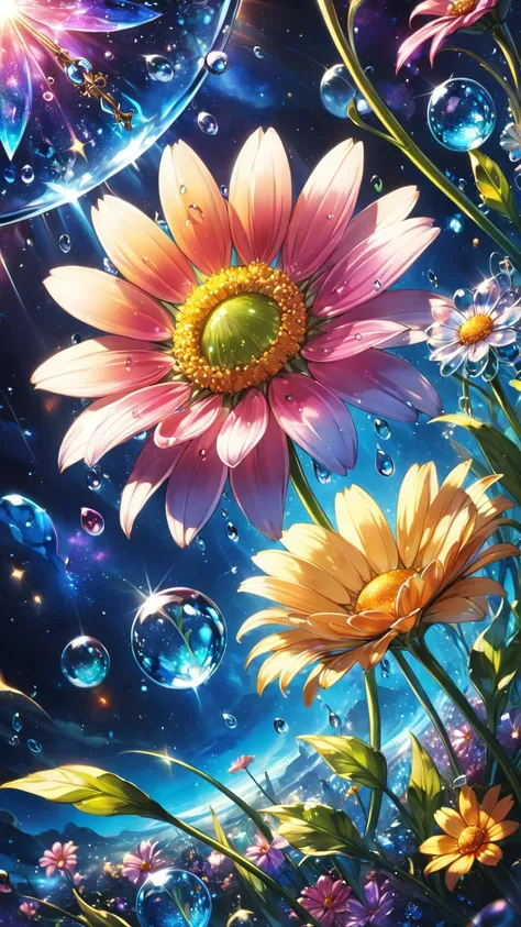 anime artwork masterpiece, best quality, close up macro photo, sparkling magical fantasy glass daisy dewdrop, very detailed, amazing quality, intricate, cinematic light, highly detail, beautiful, surreal, dramatic, galaxy fantasy colors . anime style, key visual, vibrant, studio anime,  highly detailed