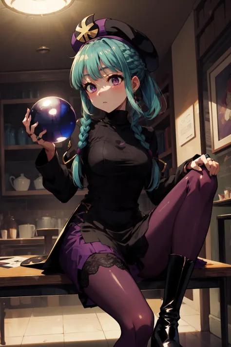 masterpiece,best quality,1girl,Miyu_MM,aqua hair,long hair,blunt bangs,sidelocks,twin braids,ring_hair_ornament,ponytail,purple eyes,hat,turtleneck,long sleeves dress,black pantyhose,knee-high boots,high_heels,purple_footwear,expressionless,sitting,table,crystal ball on table,divine,indoors,<lora:Miyu__Megaman:0.8>,