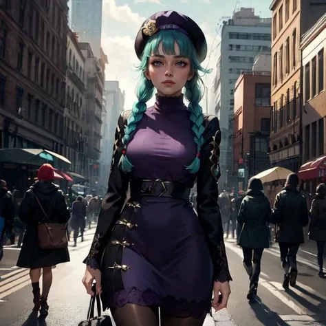 cowboy shot, Miyu_MM, hat, aqua hair, long hair, blunt bangs, sidelocks, twin braids, ring_hair_ornament, ponytail, purple eyes, turtleneck, long sleeves dress, black pantyhose, knee-high boots, high_heels, purple_footwear, standing, busy street, <lora:miyuKuroiStr08Triggers Miyu_MM, hat, aqua hair, long hair, blunt bangs, sidelocks, twin braids, ring_hair_ornament, ponytail, purple eyes, turtleneck, long sleeves dress,:.8>, masterpiece, best quality, absurdres, highres, 4k, ray tracing, perfect face, perfect eyes, intricate details, highly detailed