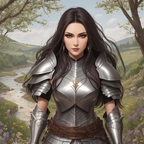 Crusader Armor, Female Warrior, Tall, Thin, Square Face, Fair Skin, Brunette Hair, amethyst Eyes, Short Nose, Thin Lips, Prominent Chin, Long Hair, Curly Hair, Sleek Straight Hair, perky breasts, Dangle earrings, rose, cream lipstick, A tranquil river winding its way through rolling hills, where wildflowers bloom and songbirds fill the air with sweet melodies, <lora:epiNoiseoffset_v2Pynoise:2>