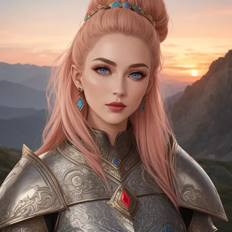 Make a top-notch, best quality masterpiece, Burgundian Armor, Siren, Tall, Lean, Diamond-Shaped Face, Fair Skin, Strawberry Blonde Hair, grey-blue Eyes, Straight Nose, Full Lips, Receding Chin, Long Hair, Coarse Hair, Messy Top Knot, natural breasts, Stud earrings, light pink, metallic lipstick, A dramatic sunset casting vibrant hues over a range of rugged mountains, <lora:epiNoiseoffset_v2Pynoise:2>