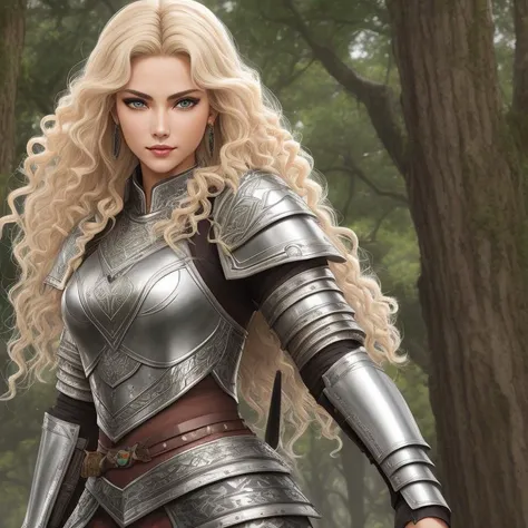 Lamellar Armor, Female Warrior, Average Height, Narrow Hips, Heart-Shaped Face, Tan Skin, Blonde Hair, jade Eyes, Straight Nose, Full Lips, Prominent Chin, Long Hair, Curly Hair, Angled Bob, firm breasts, Stud earrings, peach, cream lipstick, An ancient forest shrouded in mist, where the branches of the trees intertwine like the ribs of a cathedral in the sky, <lora:epiNoiseoffset_v2Pynoise:2>