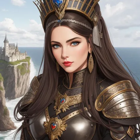 Make a breathtaking, highly detailed illustration, German Sallet Helmet Armor, Femme fatale, Tall, Skinny, Heart-Shaped Face, Olive Skin, Light Brown Hair, blue Eyes, Straight Nose, Pouty Lips, Sharp Chin, Long Hair, Coarse Hair, Messy Top Knot, small breasts, Clip-on earrings, gloss, velvet lipstick, A majestic castle perched on a cliff, overlooking a tumultuous sea that crashes against the rocks below, <lora:epiNoiseoffset_v2Pynoise:2>