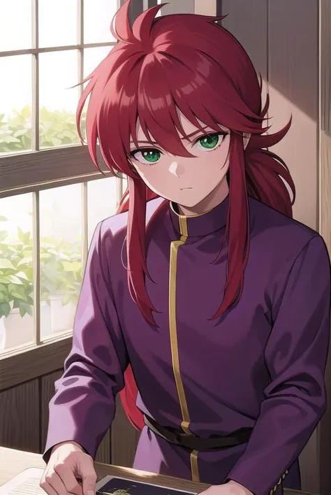 kurama, <lora:kurama-lora-nochekaiser:1>, 
kurama, long hair, red hair, bangs, (green eyes:1.5),
BREAK shirt, long sleeves, purple shirt, collar, high collar, pants, purple pants, gold trim,
BREAK indoors, 
BREAK looking at viewer, cowboy shot,
BREAK <lyco:GoodHands-beta2:1>, (masterpiece:1.2), best quality, high resolution, unity 8k wallpaper, (illustration:0.8), (beautiful detailed eyes:1.6), extremely detailed face, perfect lighting, extremely detailed CG, (perfect hands, perfect anatomy),