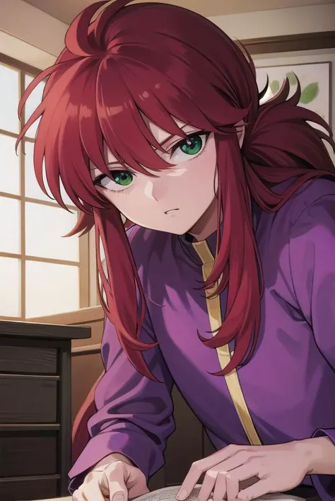 kurama, <lora:kurama-lora-nochekaiser:1>, 
kurama, long hair, red hair, bangs, (green eyes:1.5), retro artstyle, 1990s \(style\),
BREAK shirt, long sleeves, purple shirt, collar, high collar, pants, purple pants, gold trim,
BREAK indoors, 
BREAK looking at viewer, cowboy shot,
BREAK <lyco:GoodHands-beta2:1>, (masterpiece:1.2), best quality, high resolution, unity 8k wallpaper, (illustration:0.8), (beautiful detailed eyes:1.6), extremely detailed face, perfect lighting, extremely detailed CG, (perfect hands, perfect anatomy),