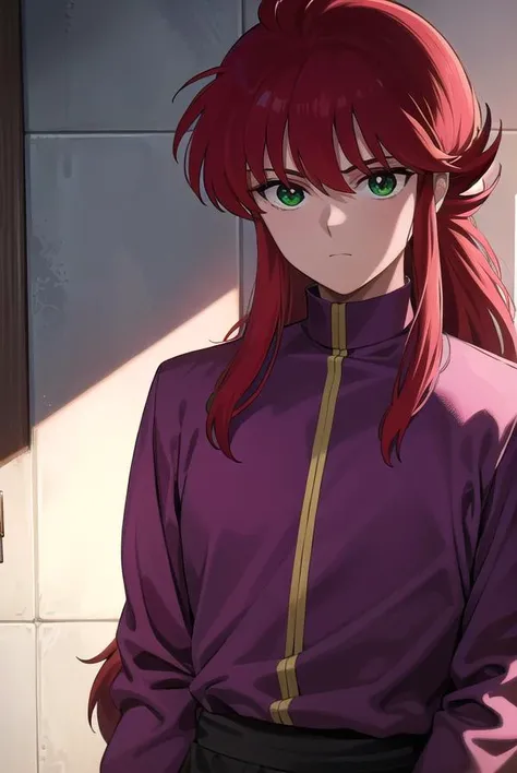 kurama, <lora:kurama-lora-nochekaiser:1>, 
kurama, long hair, red hair, bangs, (green eyes:1.5), (retro artstyle:1.5), 1990s \(style\),
BREAK shirt, long sleeves, purple shirt, collar, high collar, pants, purple pants, gold trim,
BREAK indoors, 
BREAK looking at viewer, cowboy shot,
BREAK <lyco:GoodHands-beta2:1>, (masterpiece:1.2), best quality, high resolution, unity 8k wallpaper, (illustration:0.8), (beautiful detailed eyes:1.6), extremely detailed face, perfect lighting, extremely detailed CG, (perfect hands, perfect anatomy),