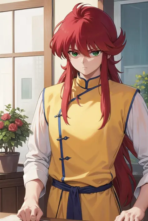 kurama, <lora:kurama-lora-nochekaiser:1>, 
kurama, long hair, red hair, bangs, (green eyes:1.5), (retro artstyle:1.5), 1990s \(style\),
BREAK long sleeves, pants, chinese clothes, white pants, (yellow shirt:1.5), (white sleeves:1.5), (pelvic curtain:1.2), sash,
BREAK indoors, 
BREAK looking at viewer, cowboy shot,
BREAK <lyco:GoodHands-beta2:1>, (masterpiece:1.2), best quality, high resolution, unity 8k wallpaper, (illustration:0.8), (beautiful detailed eyes:1.6), extremely detailed face, perfect lighting, extremely detailed CG, (perfect hands, perfect anatomy),