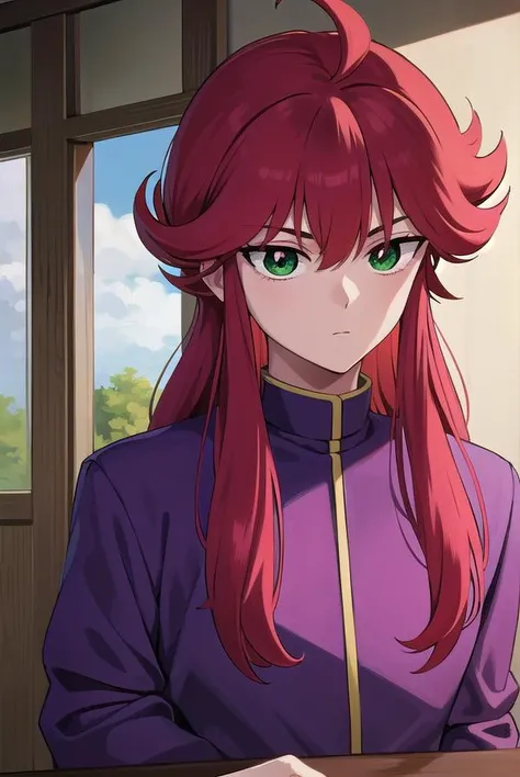 kurama, <lora:kurama-lora-nochekaiser:1>, 
kurama, long hair, red hair, bangs, (green eyes:1.5), (retro artstyle:1.5), 1990s \(style\),
BREAK shirt, long sleeves, purple shirt, collar, high collar, pants, purple pants, gold trim,
BREAK indoors, 
BREAK looking at viewer, cowboy shot,
BREAK <lyco:GoodHands-beta2:1>, (masterpiece:1.2), best quality, high resolution, unity 8k wallpaper, (illustration:0.8), (beautiful detailed eyes:1.6), extremely detailed face, perfect lighting, extremely detailed CG, (perfect hands, perfect anatomy),