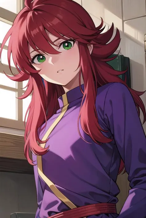 kurama, <lora:kurama-lora-nochekaiser:1>, 
kurama, long hair, red hair, bangs, (green eyes:1.5),
BREAK shirt, long sleeves, purple shirt, collar, high collar, pants, purple pants, gold trim,
BREAK indoors, 
BREAK looking at viewer, cowboy shot,
BREAK <lyco:GoodHands-beta2:1>, (masterpiece:1.2), best quality, high resolution, unity 8k wallpaper, (illustration:0.8), (beautiful detailed eyes:1.6), extremely detailed face, perfect lighting, extremely detailed CG, (perfect hands, perfect anatomy),