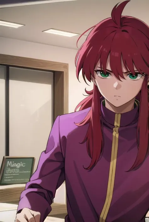 kurama, <lora:kurama-lora-nochekaiser:1>, 
kurama, long hair, red hair, bangs, (green eyes:1.5), (retro artstyle:1.5), 1990s \(style\),
BREAK shirt, long sleeves, purple shirt, collar, high collar, pants, purple pants, gold trim,
BREAK indoors, 
BREAK looking at viewer, cowboy shot,
BREAK <lyco:GoodHands-beta2:1>, (masterpiece:1.2), best quality, high resolution, unity 8k wallpaper, (illustration:0.8), (beautiful detailed eyes:1.6), extremely detailed face, perfect lighting, extremely detailed CG, (perfect hands, perfect anatomy),