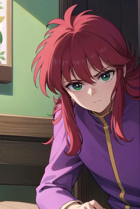 kurama, <lora:kurama-lora-nochekaiser:1>, 
kurama, long hair, red hair, bangs, (green eyes:1.5), (retro artstyle:1.5), 1990s \(style\),
BREAK shirt, long sleeves, purple shirt, collar, high collar, pants, purple pants, gold trim,
BREAK indoors, 
BREAK looking at viewer, cowboy shot,
BREAK <lyco:GoodHands-beta2:1>, (masterpiece:1.2), best quality, high resolution, unity 8k wallpaper, (illustration:0.8), (beautiful detailed eyes:1.6), extremely detailed face, perfect lighting, extremely detailed CG, (perfect hands, perfect anatomy),