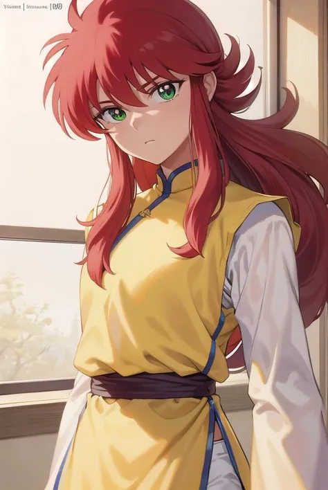 kurama, <lora:kurama-lora-nochekaiser:1>, 
kurama, long hair, red hair, bangs, (green eyes:1.5), (retro artstyle:1.5), 1990s \(style\),
BREAK long sleeves, pants, chinese clothes, white pants, (yellow shirt:1.5), (white sleeves:1.5), (pelvic curtain:1.2), sash, sleeveless shirt,
BREAK indoors, 
BREAK looking at viewer, cowboy shot,
BREAK <lyco:GoodHands-beta2:1>, (masterpiece:1.2), best quality, high resolution, unity 8k wallpaper, (illustration:0.8), (beautiful detailed eyes:1.6), extremely detailed face, perfect lighting, extremely detailed CG, (perfect hands, perfect anatomy),