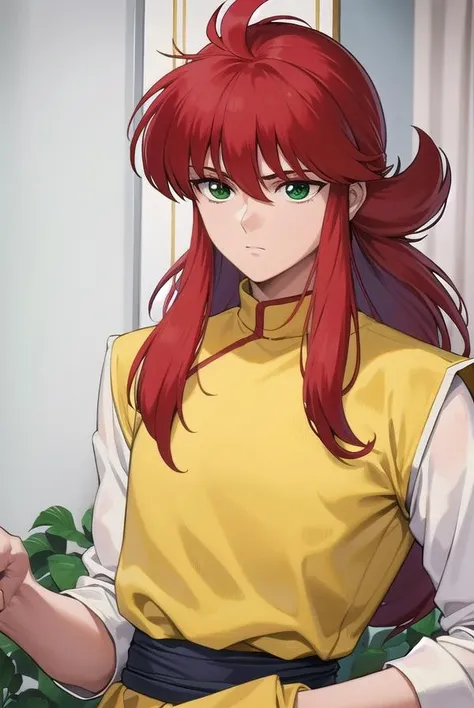 kurama, <lora:kurama-lora-nochekaiser:1>,
kurama, long hair, red hair, bangs, (green eyes:1.5), (retro artstyle:1.5), 1990s \(style\),
BREAK long sleeves, pants, chinese clothes, white pants, (yellow shirt:1.5), (white sleeves:1.5), (pelvic curtain:1.2), sash,
BREAK indoors,
BREAK looking at viewer, cowboy shot,
BREAK <lyco:GoodHands-beta2:1>, (masterpiece:1.2), best quality, high resolution, unity 8k wallpaper, (illustration:0.8), (beautiful detailed eyes:1.6), extremely detailed face, perfect lighting, extremely detailed CG, (perfect hands, perfect anatomy),