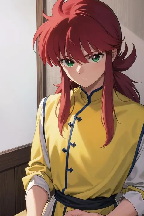kurama, <lora:kurama-lora-nochekaiser:1>, 
kurama, long hair, red hair, bangs, (green eyes:1.5), (retro artstyle:1.5), 1990s \(style\),
BREAK long sleeves, pants, chinese clothes, white pants, (yellow shirt:1.5), (white sleeves:1.5), (pelvic curtain:1.2), sash,
BREAK indoors, 
BREAK looking at viewer, cowboy shot,
BREAK <lyco:GoodHands-beta2:1>, (masterpiece:1.2), best quality, high resolution, unity 8k wallpaper, (illustration:0.8), (beautiful detailed eyes:1.6), extremely detailed face, perfect lighting, extremely detailed CG, (perfect hands, perfect anatomy),