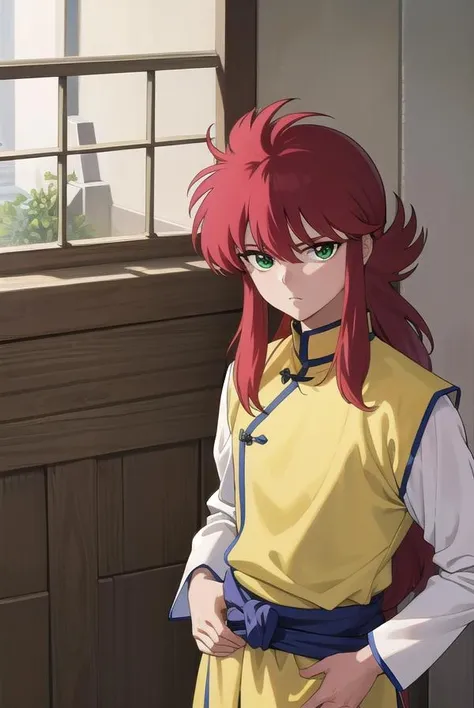 kurama, kurama, long hair, red hair, bangs, (green eyes:1.5), (retro artstyle:1.5), 1990s \(style\),
BREAK long sleeves, pants, chinese clothes, white pants, (yellow shirt:1.5), (white sleeves:1.5), (pelvic curtain:1.2), sash, sleeveless shirt, (((wood background)))
BREAK looking at viewer, cowboy shot,
BREAK (masterpiece:1.2), best quality, high resolution, unity 8k wallpaper, (illustration:0.8), (beautiful detailed eyes:1.6), extremely detailed face, perfect lighting, extremely detailed CG, (perfect hands, perfect ???????),